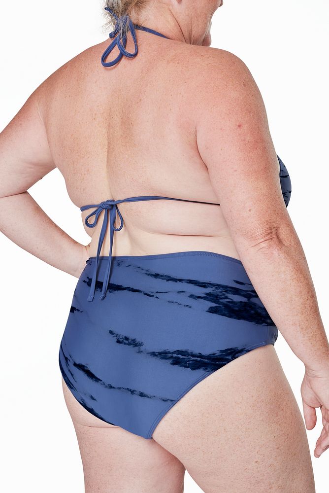 Size inclusive women's swimwear blue bikini mockup studio shot