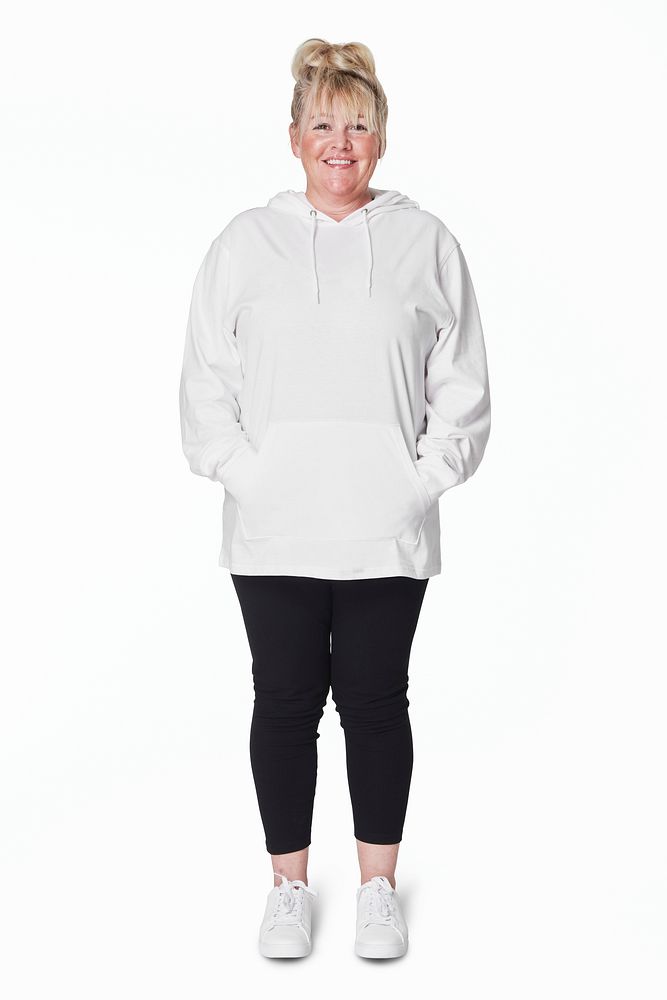 Women's white hoodie fashion shoot in studio