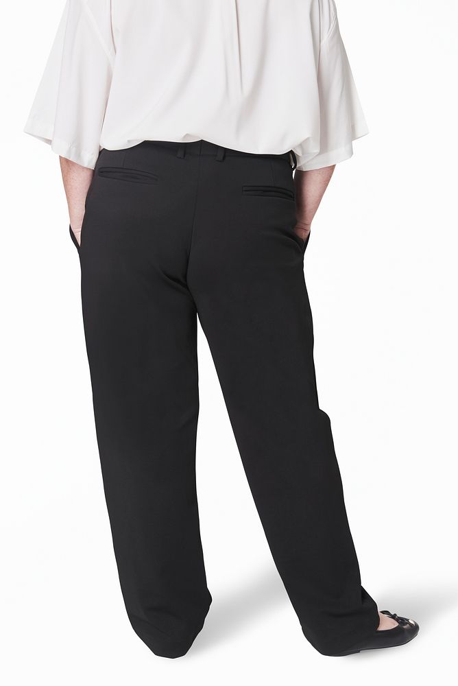 Plus size women's white shirt black pants fashion shoot in studio