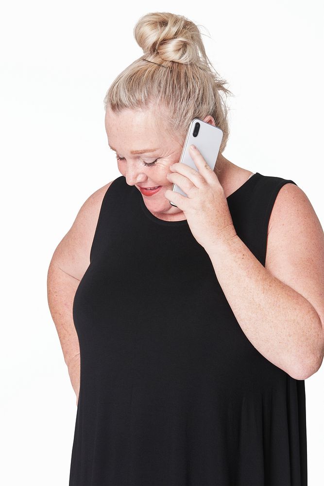 Woman talking on the phone psd closeup plus size apparel  shoot