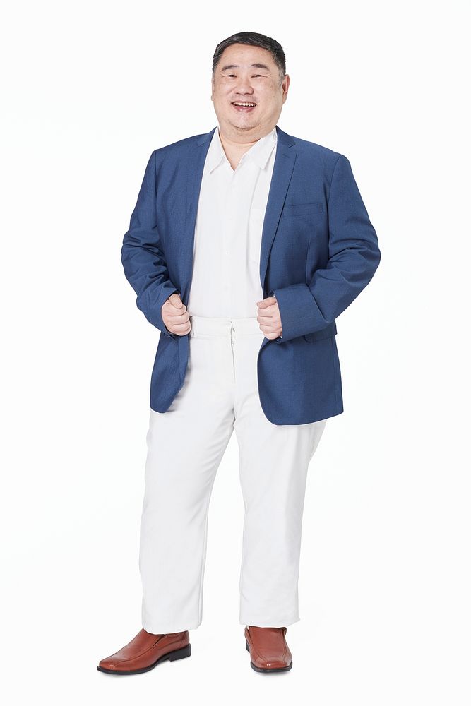 Plus size man blue suit full body mockup psd