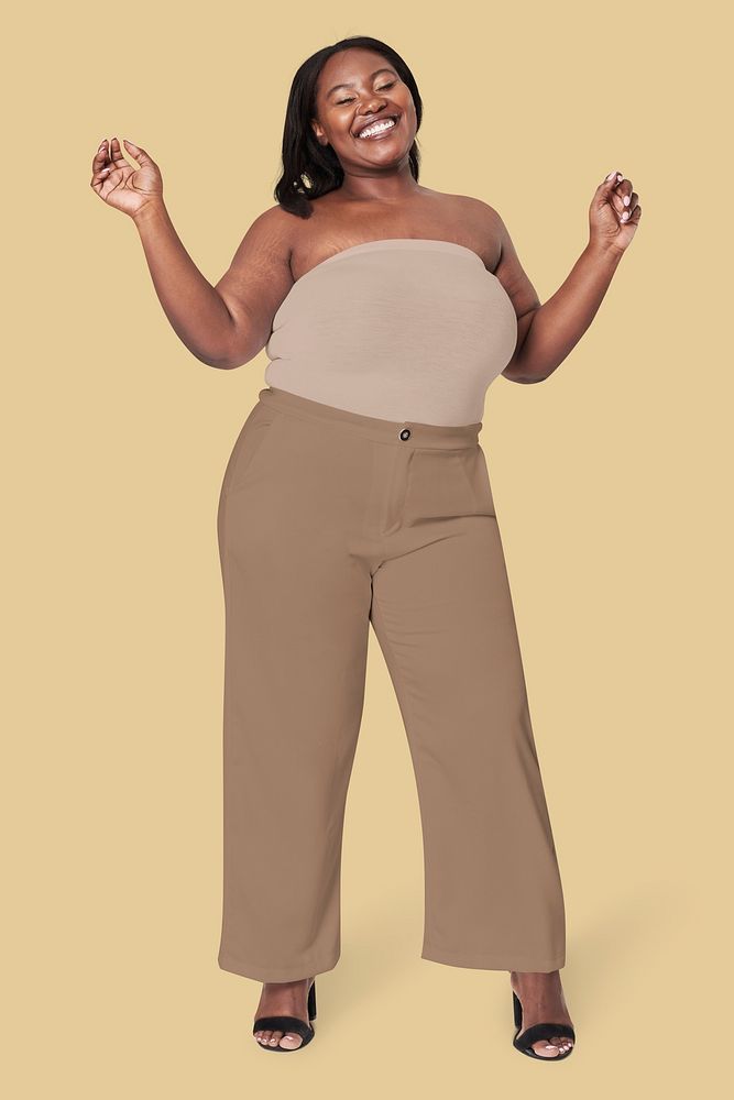 Psd plus size model brown strapless top and pants apparel mockup