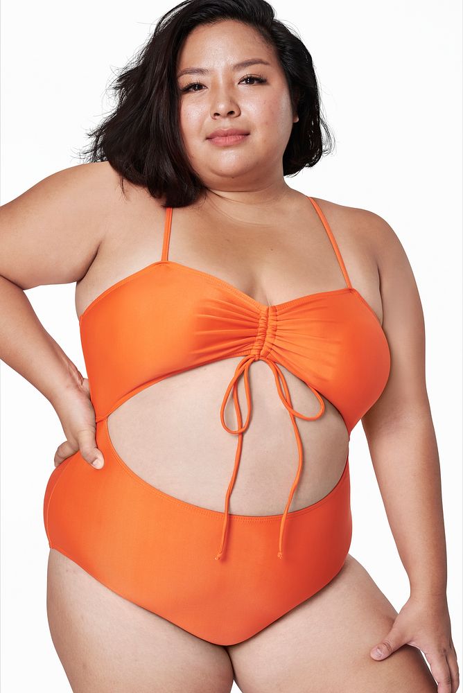 Size inclusive orange swimsuit apparel mockup fashion