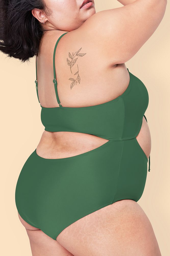 Size inclusive psd green swimsuit apparel mockup model facing side