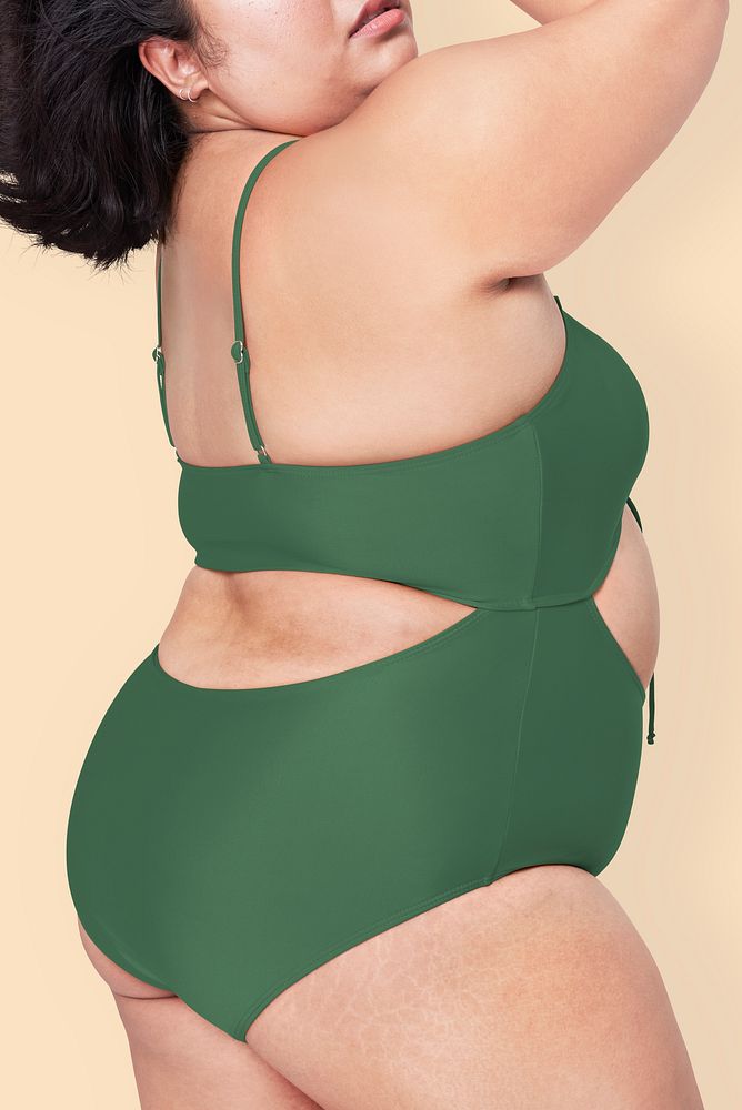 Size inclusive green swimsuit apparel mockup model facing side