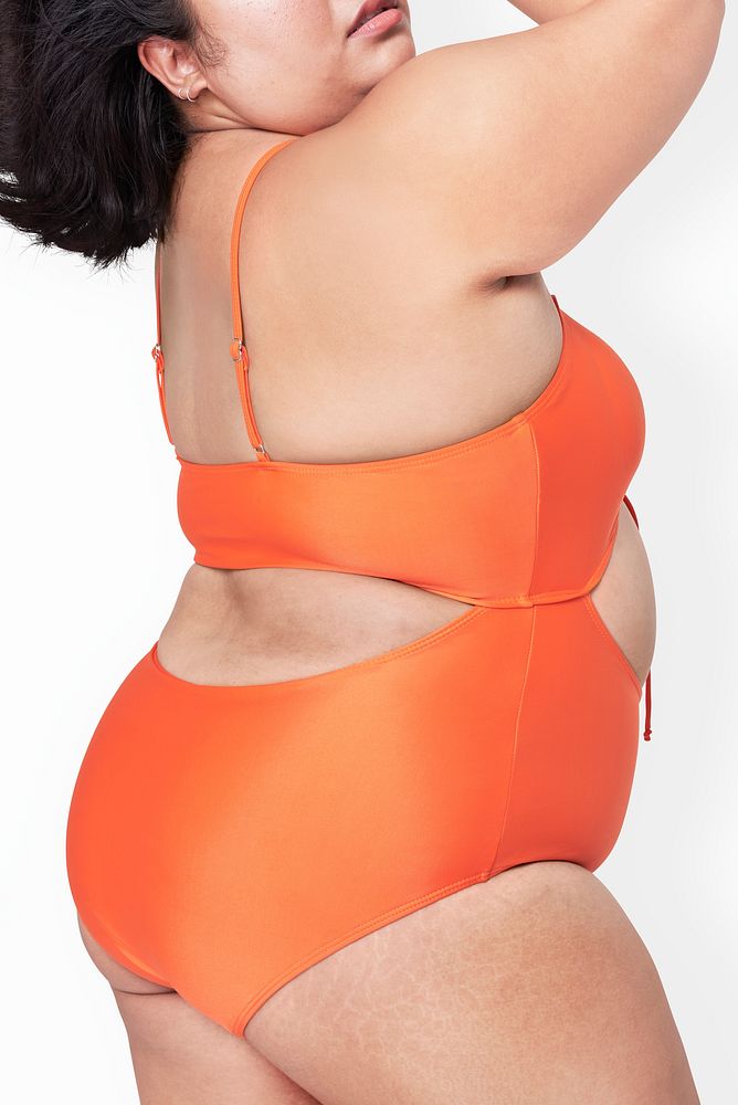 Women's plus size fashion orange swimsuit apparel mockup