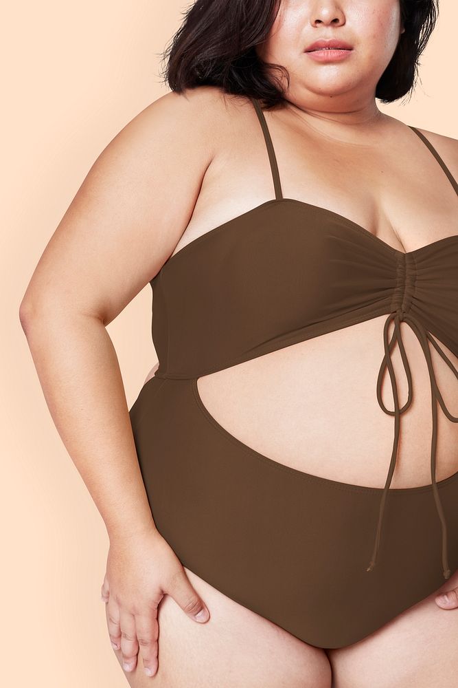 Psd body positivity curvy woman brown swimsuit mockup