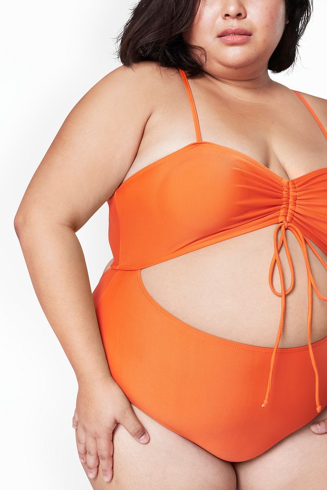 Plus size model orange swimsuit apparel mockup