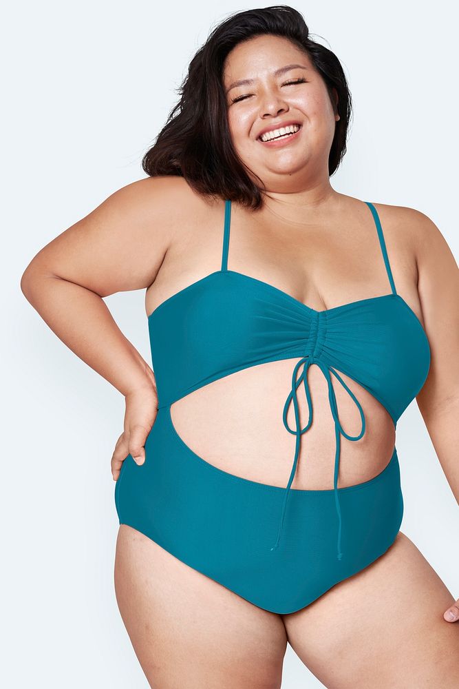 Plus size model psd blue swimsuit apparel mockup
