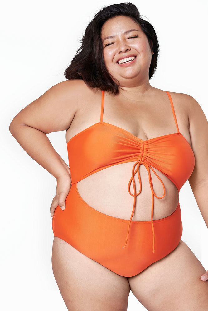 Attractive psd plus size model orange swimsuit mockup
