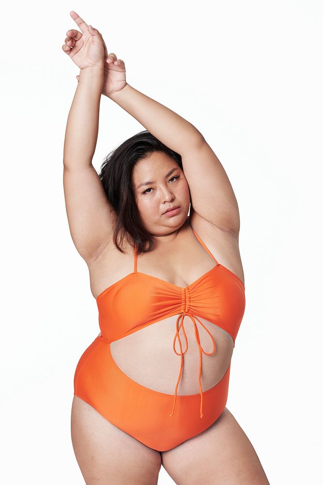 Women's psd orange swimsuit plus size apparel fashion mockup