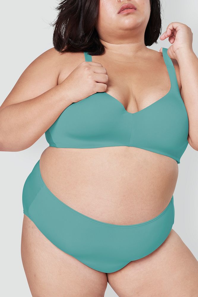 Body positivity psd green lingerie plus size model posing