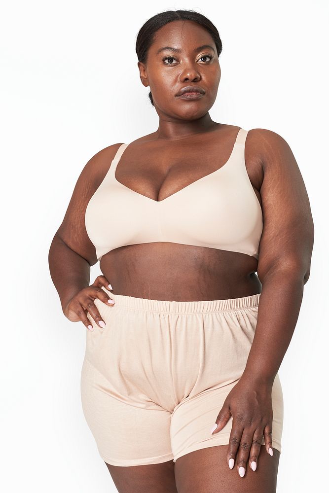 Body positivity psd curvy woman beige undergarment mockup