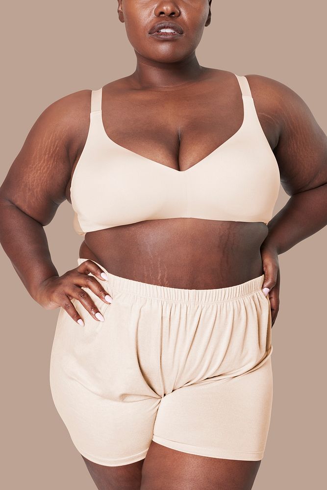 Psd size inclusive women's beige lingerie mockup studio shot