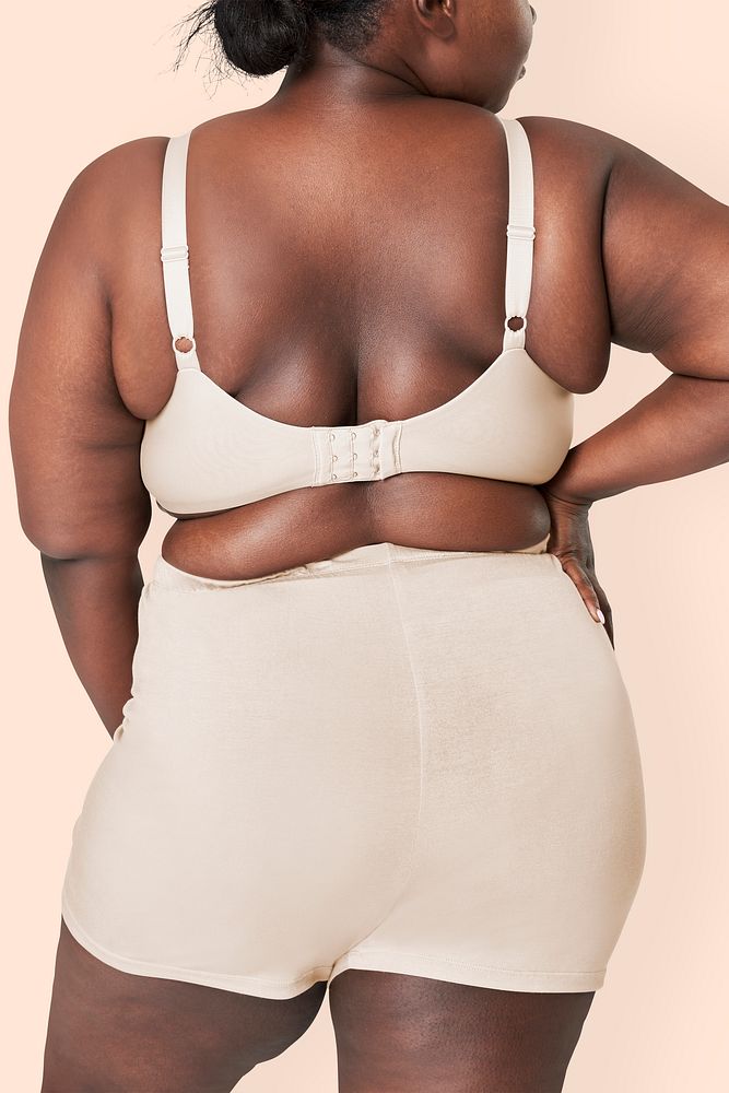 Size inclusive psd women's fashion beige lingerie mockup studio shot