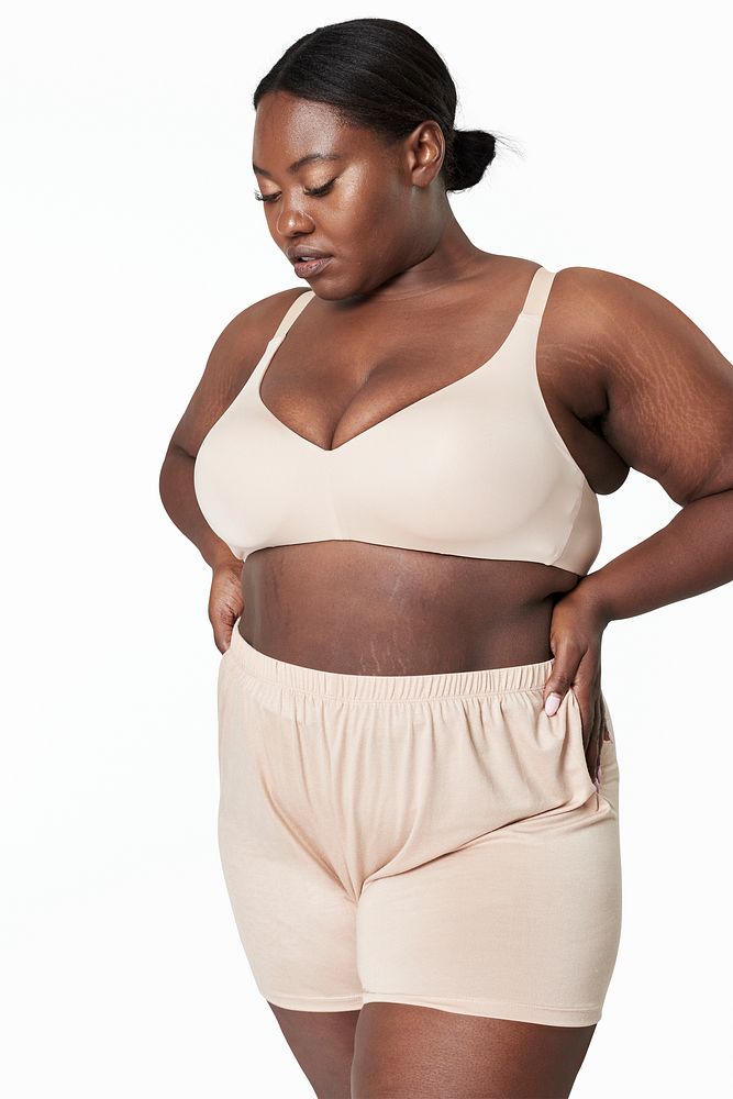 Beige lingerie psd plus size apparel mockup body positivity shoot
