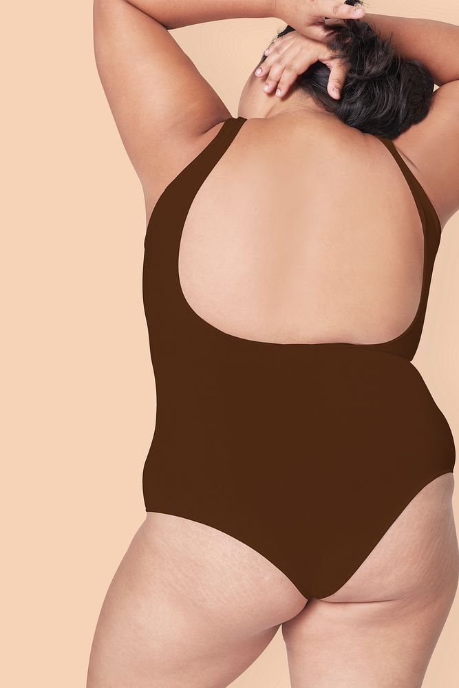 Women's brown swimsuit psd model facing backward mockup