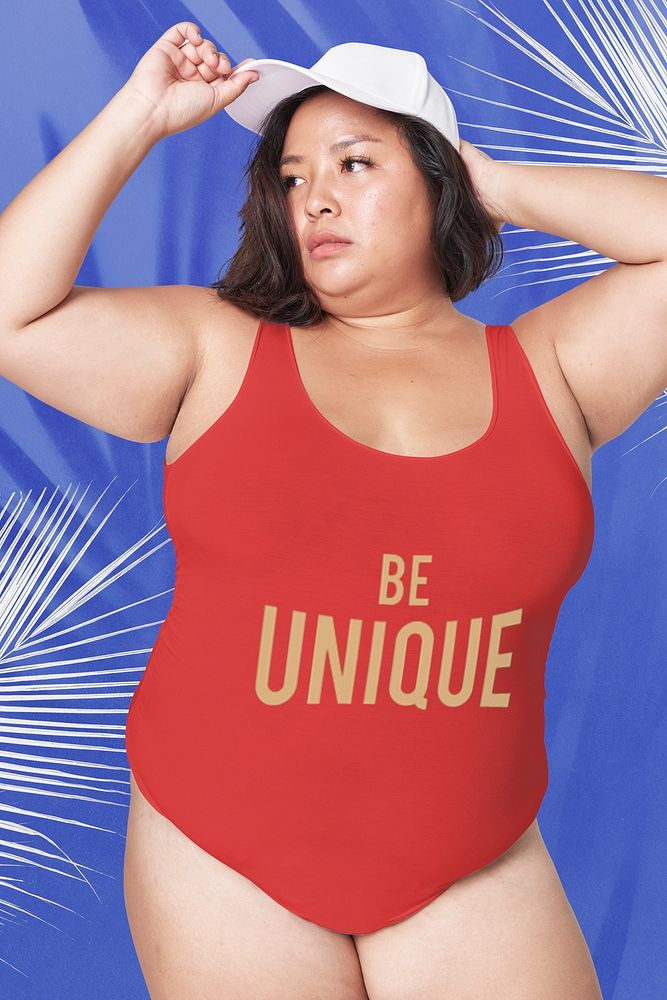 Attractive plus size model psd red 'Be unique' swimsuit mockup