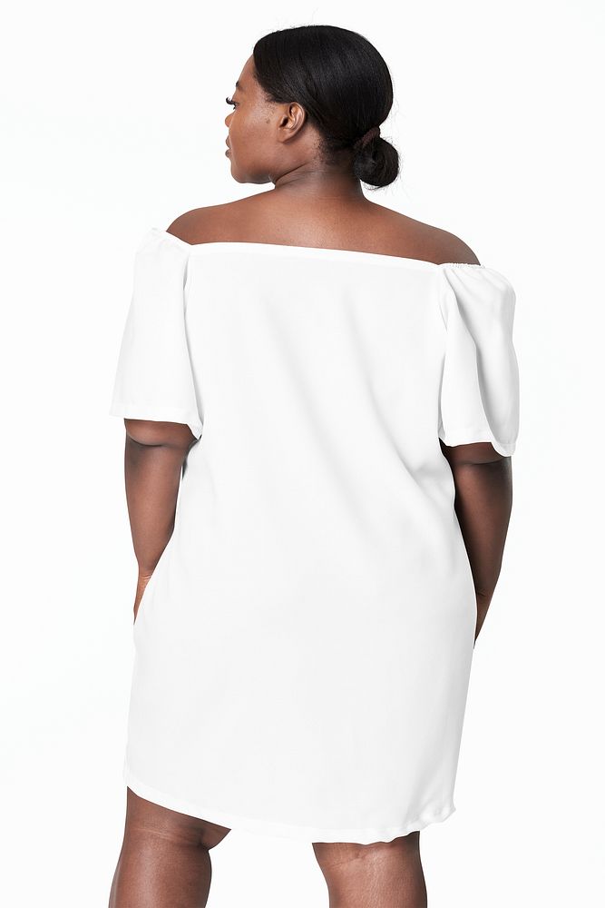 Psd woman facing backward white dress plus size apparel fashion mockup