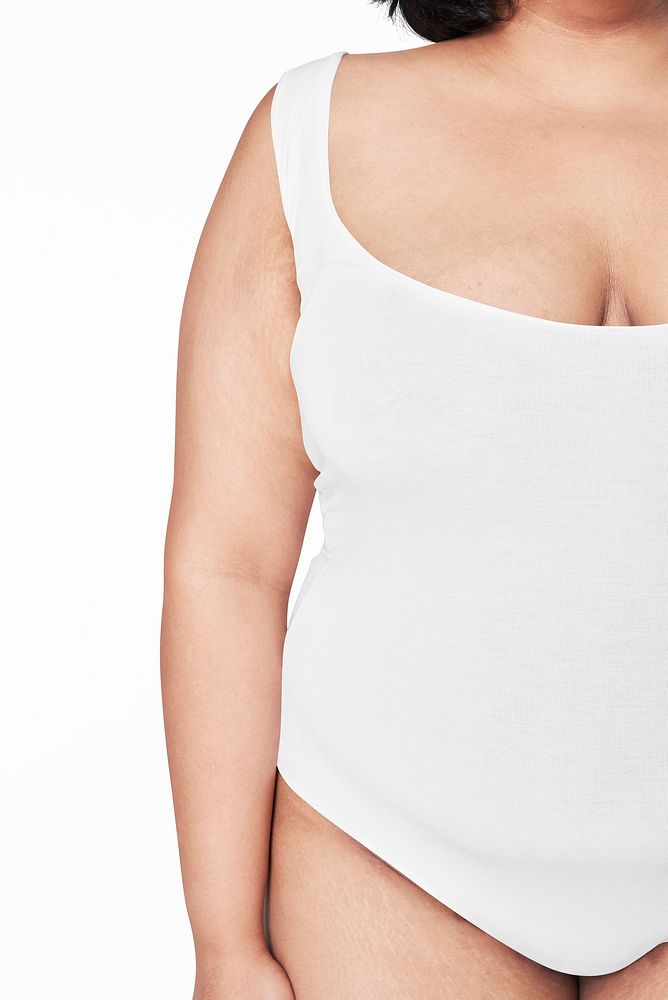 Size inclusive white swimsuit apparel mockup closeup
