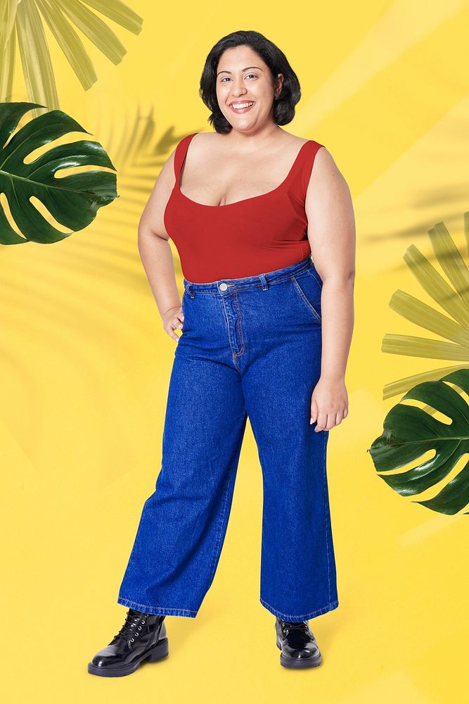Women's red tank top and jeans plus size fashion mockup psd studio shot