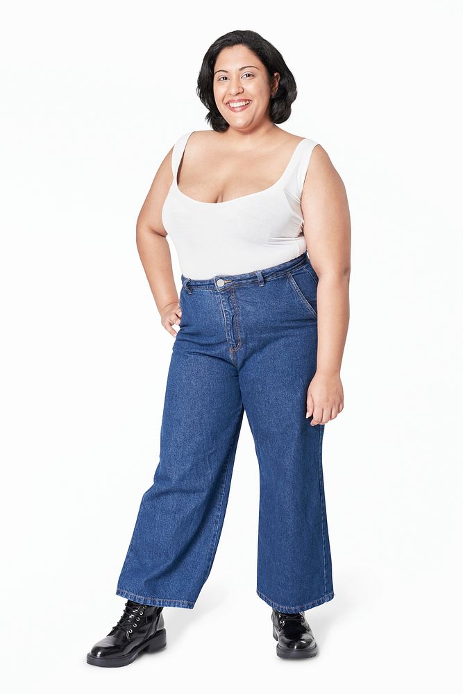 Plus size women's top and jeans fashion studio shot