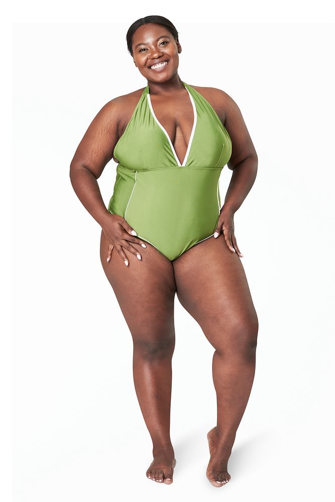 Attractive psd plus size model green swimsuit mockup