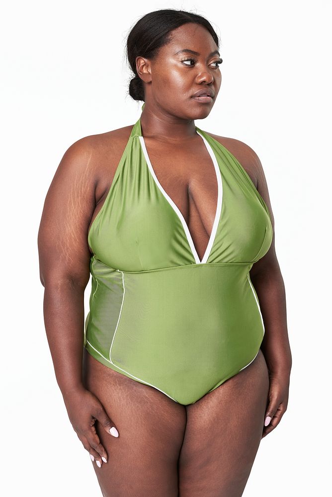 Attractive plus size model green swimsuit mockup