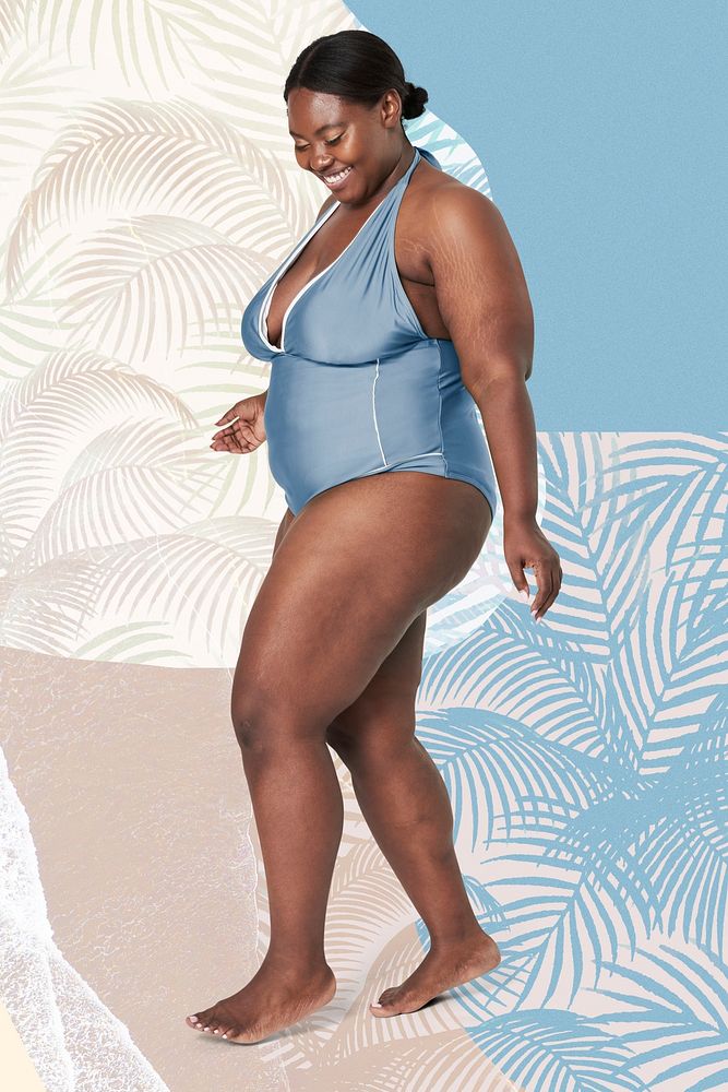 Body positivity psd blue swimsuit mockup happy plus size model posing