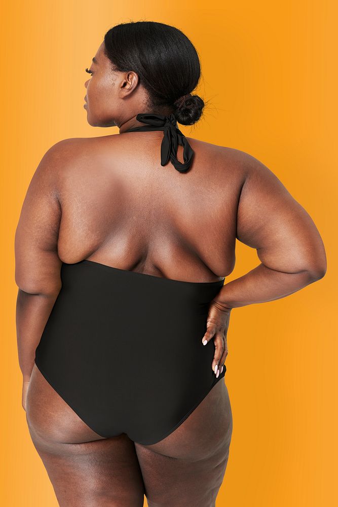 Plus size black swimsuit apparel mockup women's fashion