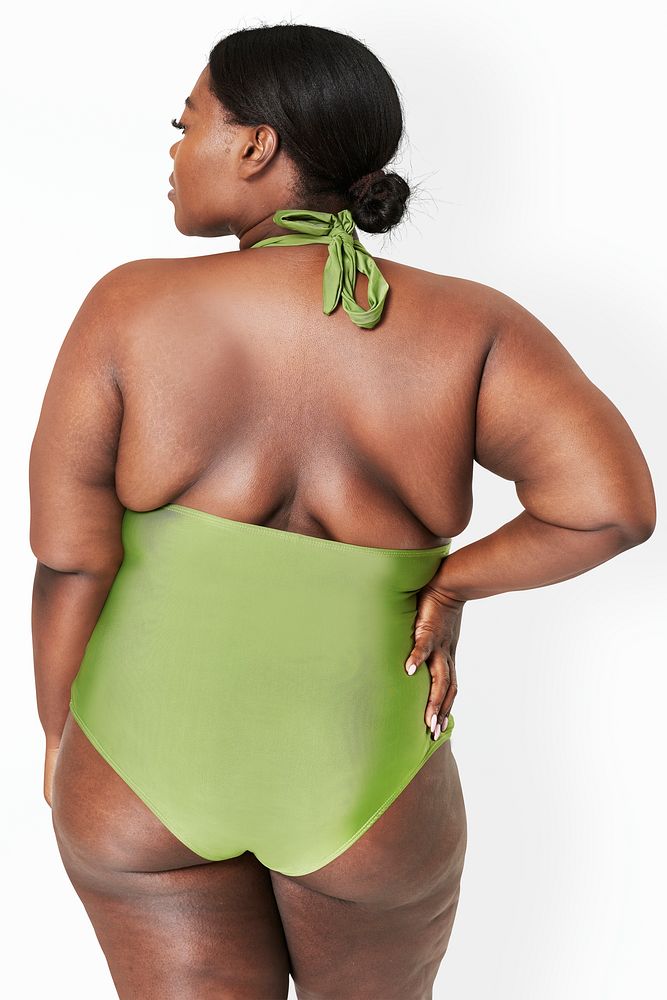 Size inclusive psd fashion mockup green swimsuit apparel back closeup