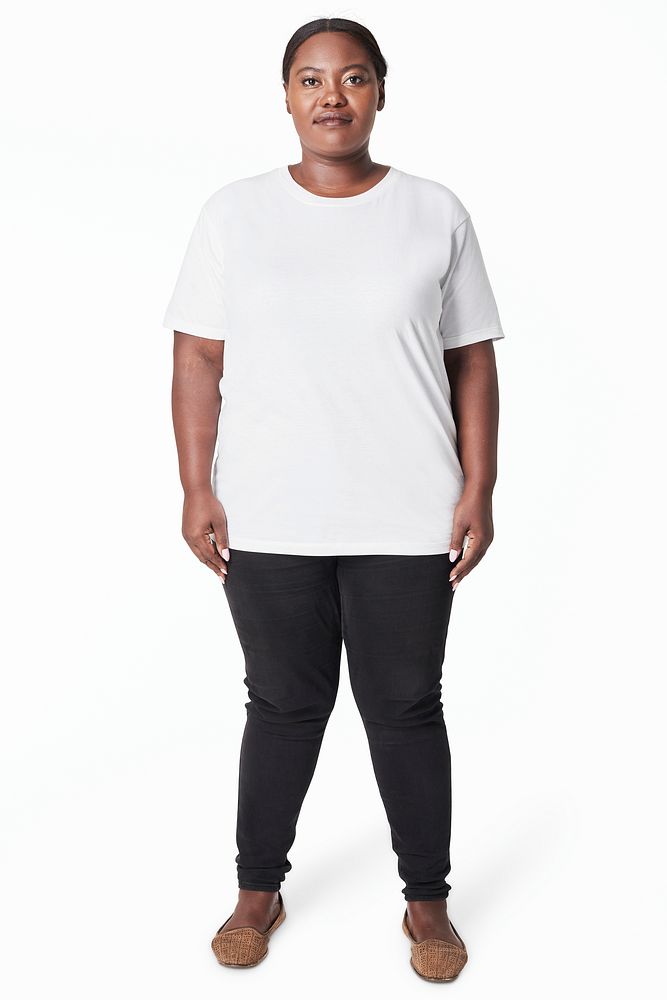 Women's white t-shirt and jeans plus size fashion mockup psd studio shot