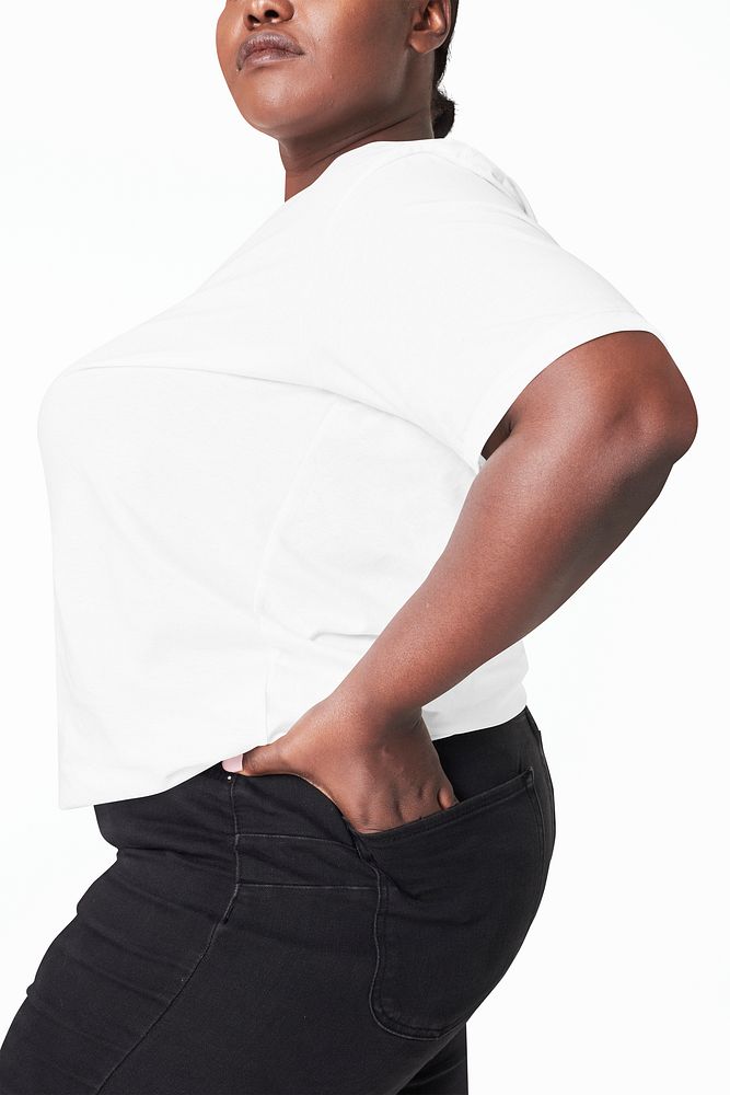 Women's white t-shirt and jeans size inclusive fashion mockup psd studio shot