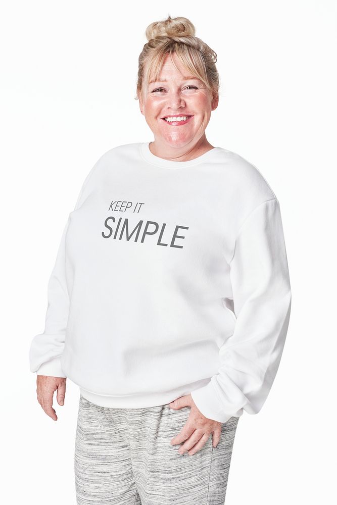 Plus size women's white sweater mockup psd fashion shoot in studio