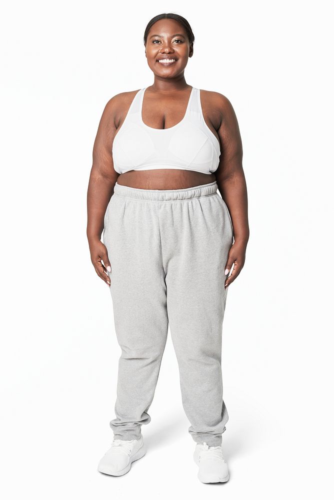 Size inclusive fashion white and gray sportswear apparel studio shot