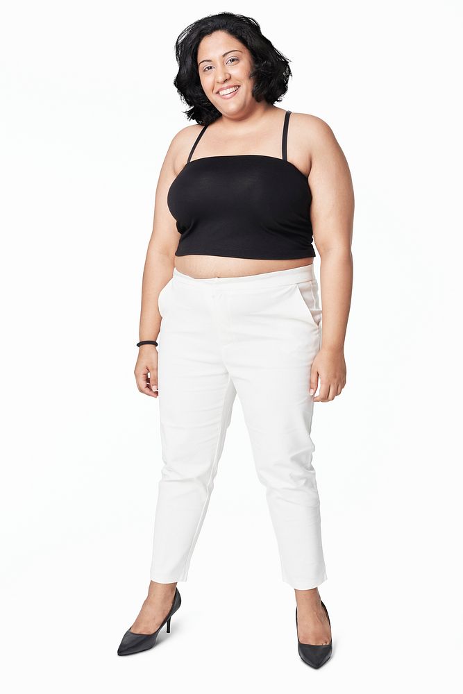 Plus size black tank top and white pants psd full body women's fashion