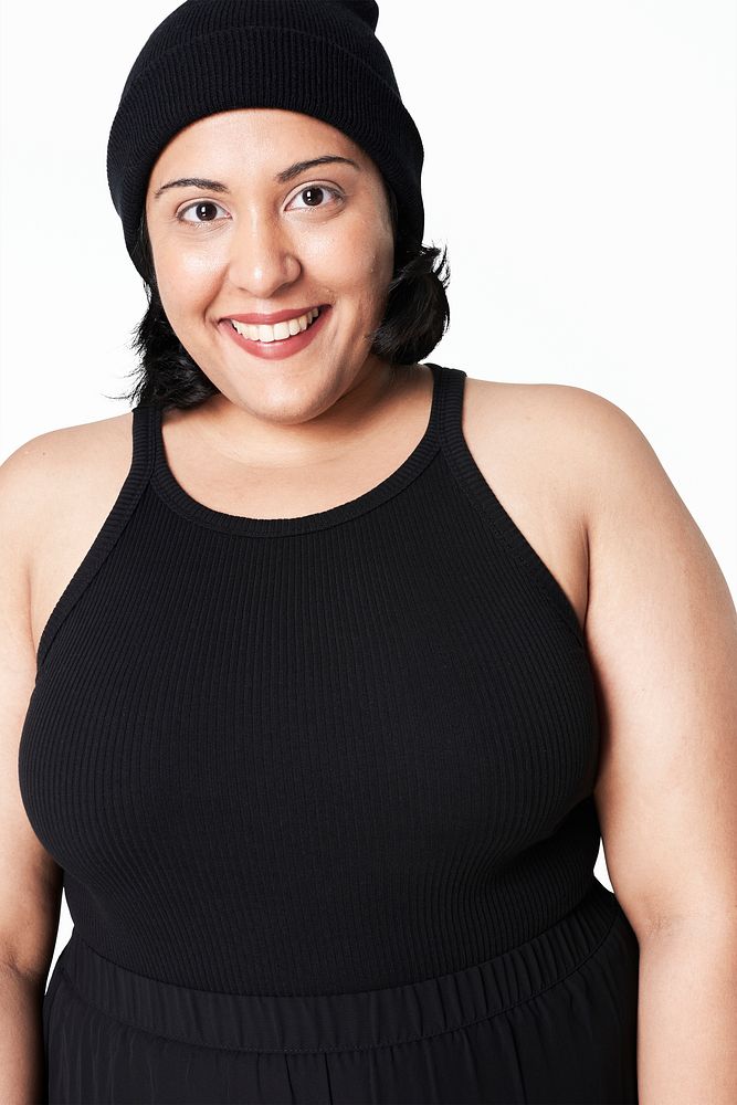 Black sleeveless top psd plus size apparel mockup body positivity shoot
