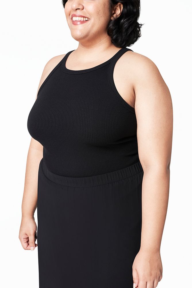Size inclusive women's fashion black dress mockup studio shot