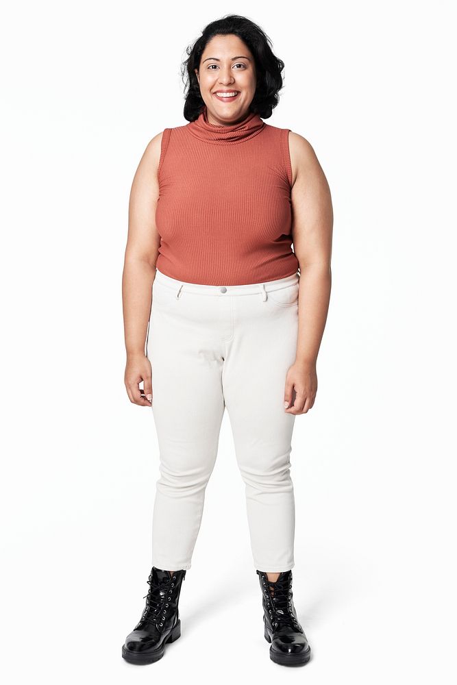 Women's plus size psd fashion orange top and white pants apparel mockup