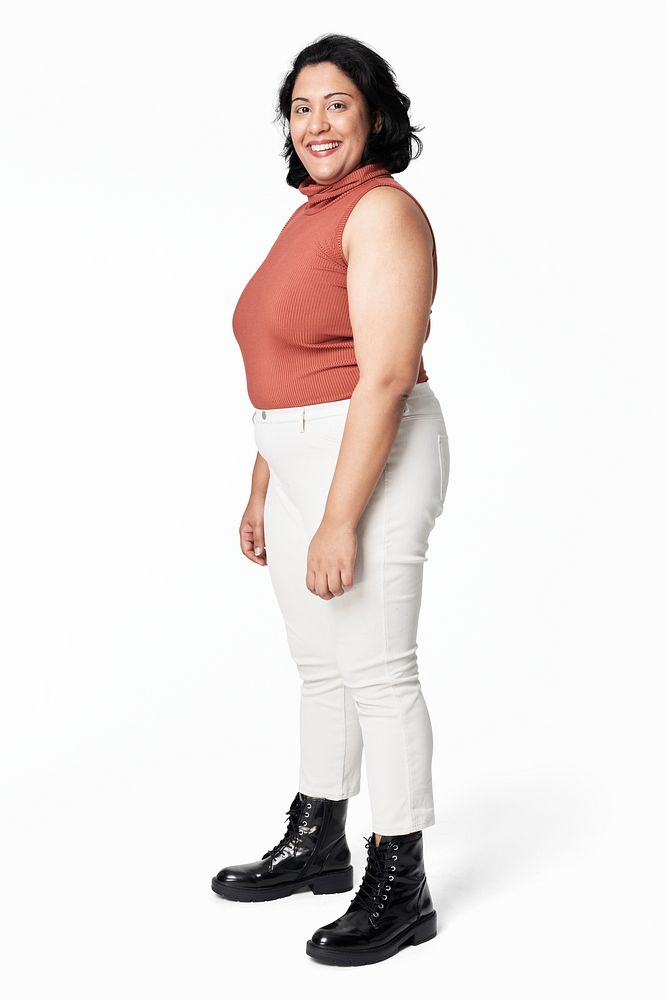 Woman's orange top and white jeans plus size fashion mockup