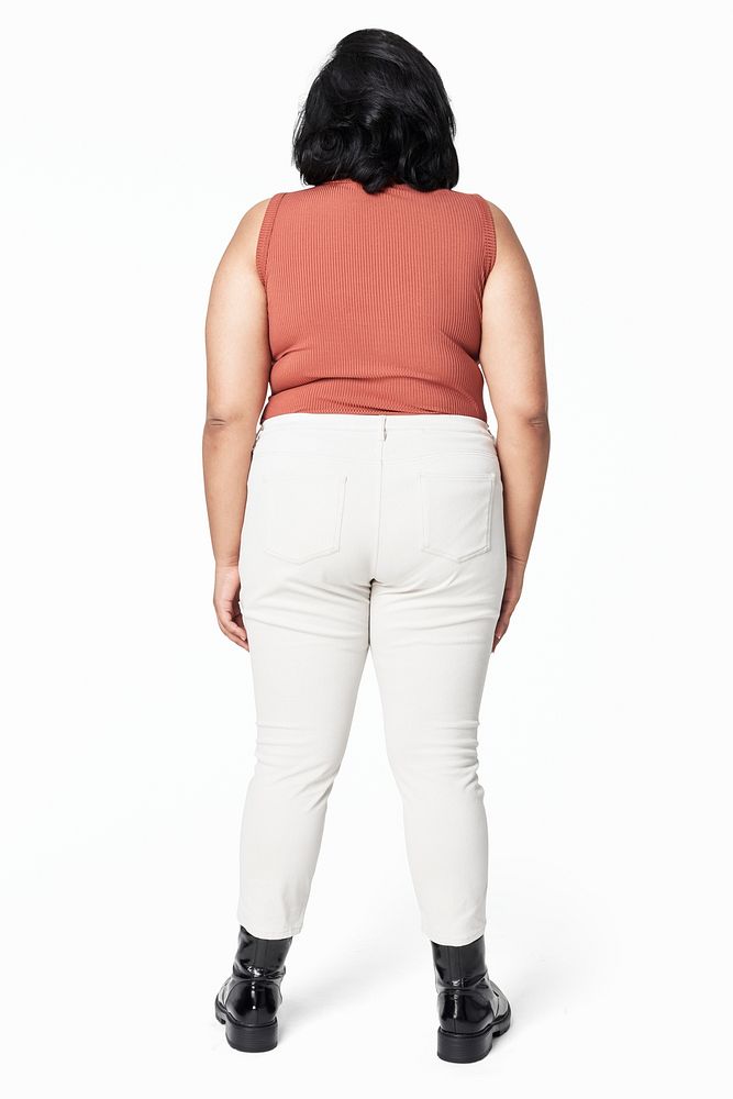 Woman facing backward psd fashion mockup orange top white jeans apparel