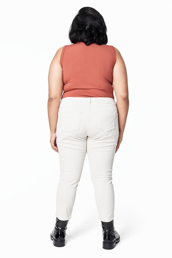 Woman facing backward fashion mockup orange top white jeans apparel