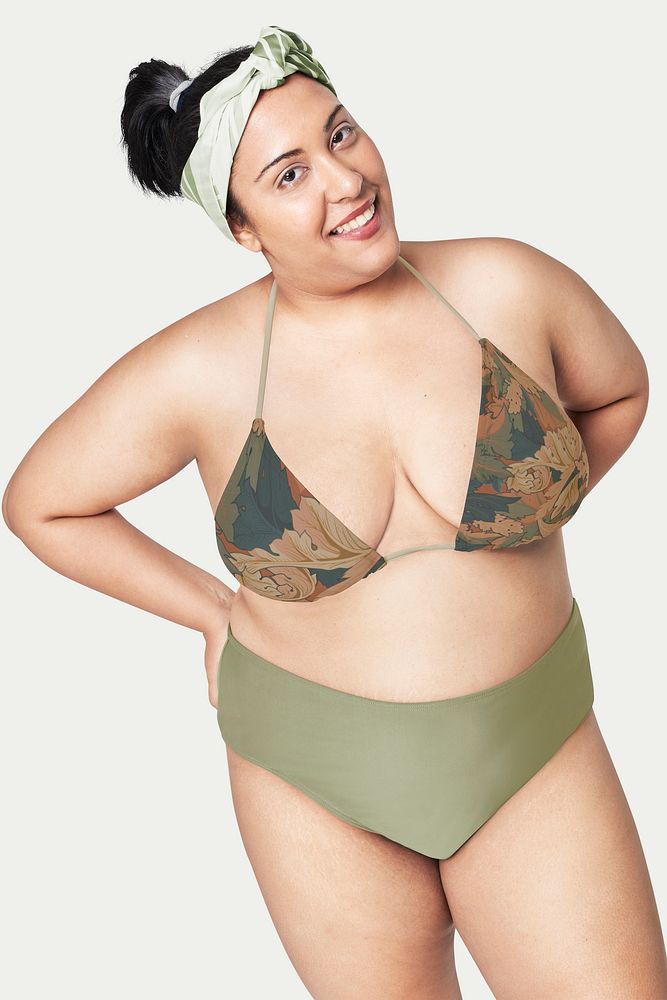 Psd size inclusive fashion green floral bikini mockup