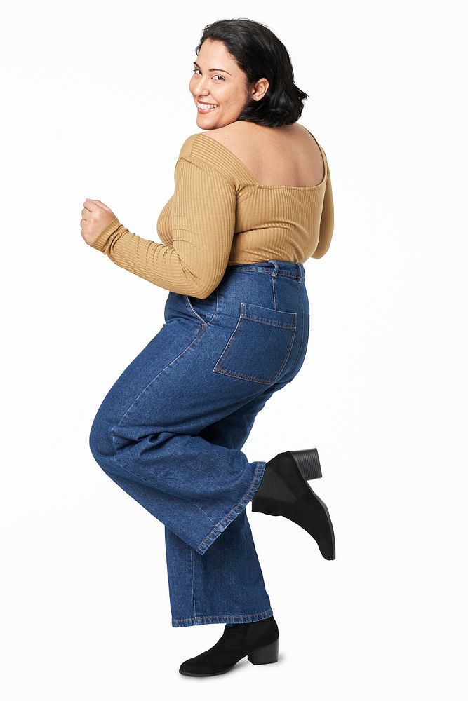 Women's brown blouse and jeans plus size fashion psd mockup studio shot