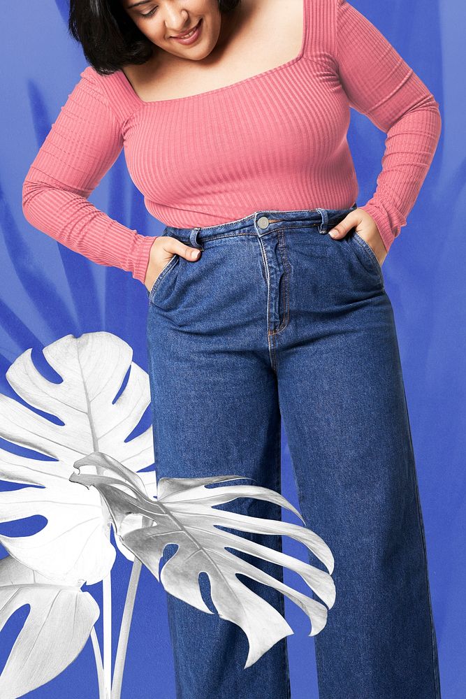 Women's pink blouse and jeans plus size fashion psd mockup studio shot