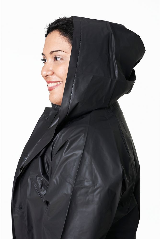 Women's black raincoat mockup fashion shoot in studio