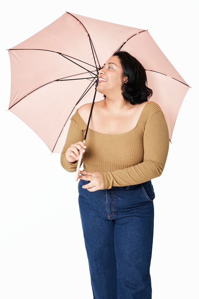 Woman holding umbrella psd studio shot