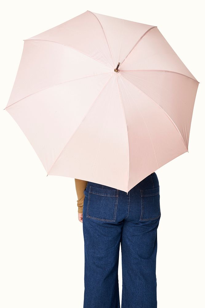 Plus size women wearing jeans with umbrella fashion psd mockup