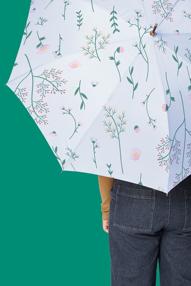 Plus size women wearing jeans with umbrella fashion psd mockup studio shot