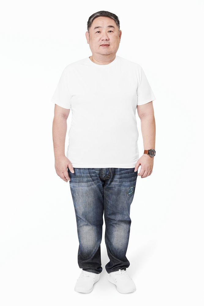 Men's white tee and jeans plus size fashion mockup psd studio shot